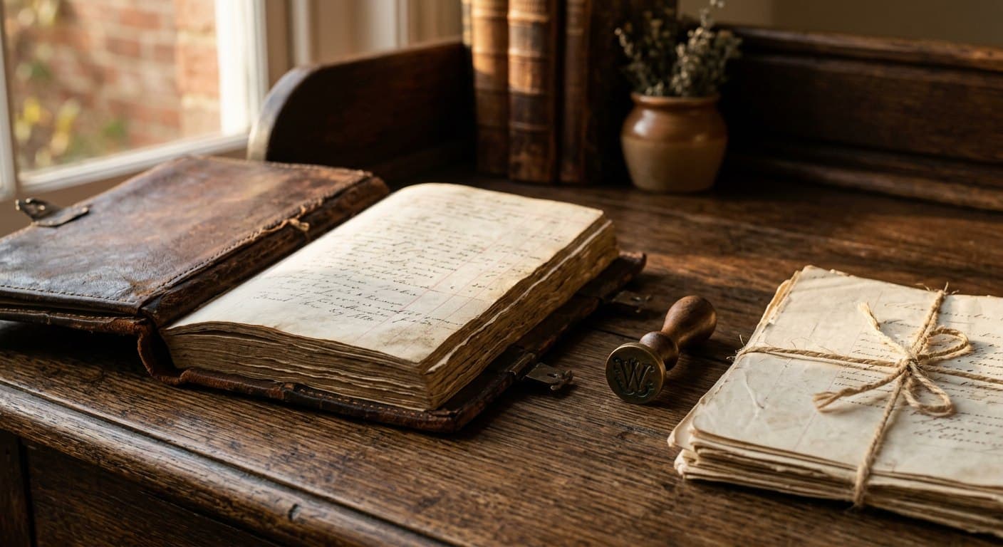 An open leather ledger and tied documents beside a bronze wax seal, warm desk light